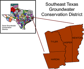 Groundwater conservationdistricts with an exploded view an east Texas counties.